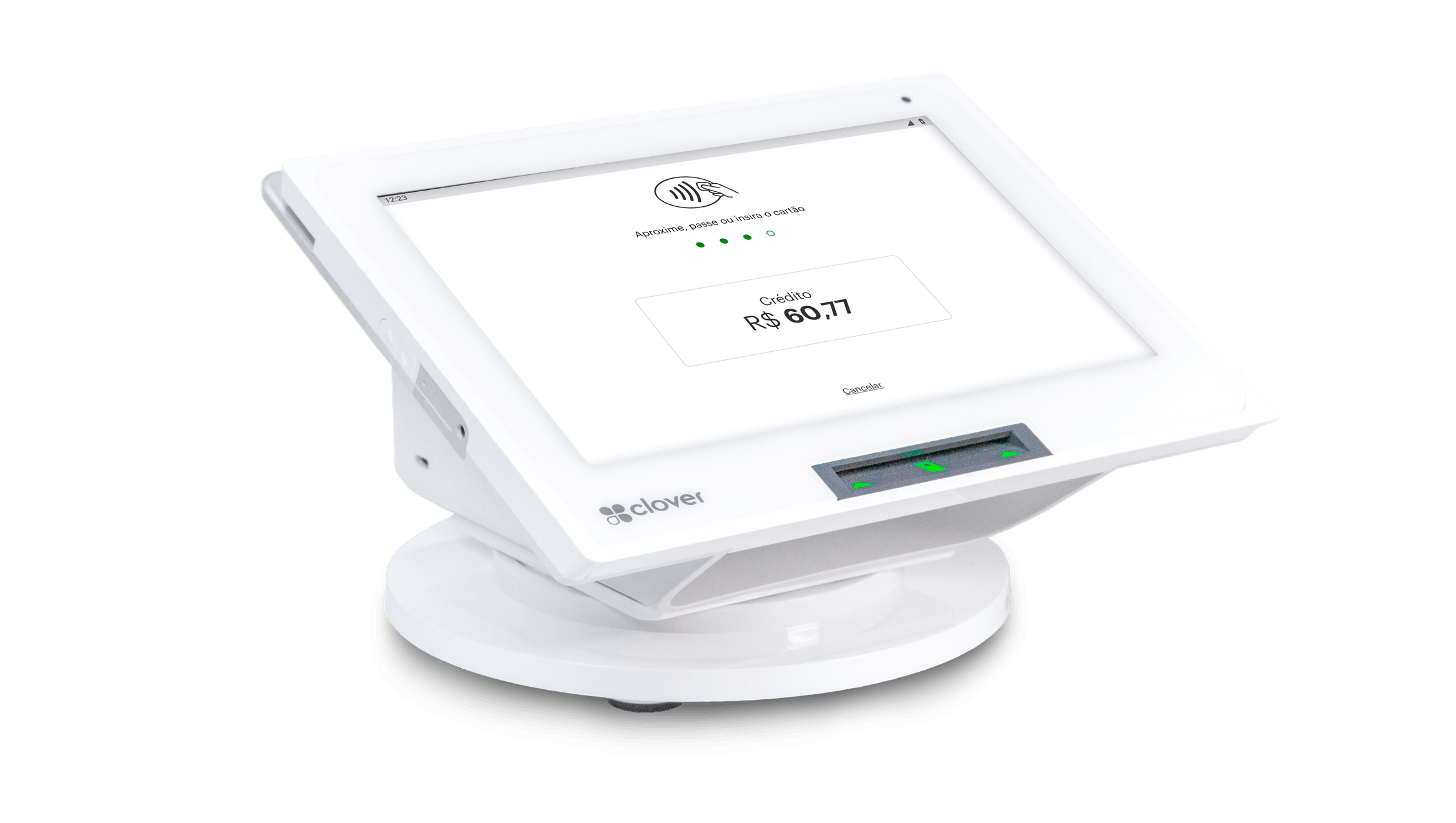 Terminal Clover Mini com tela de pagamento e leitor frontal